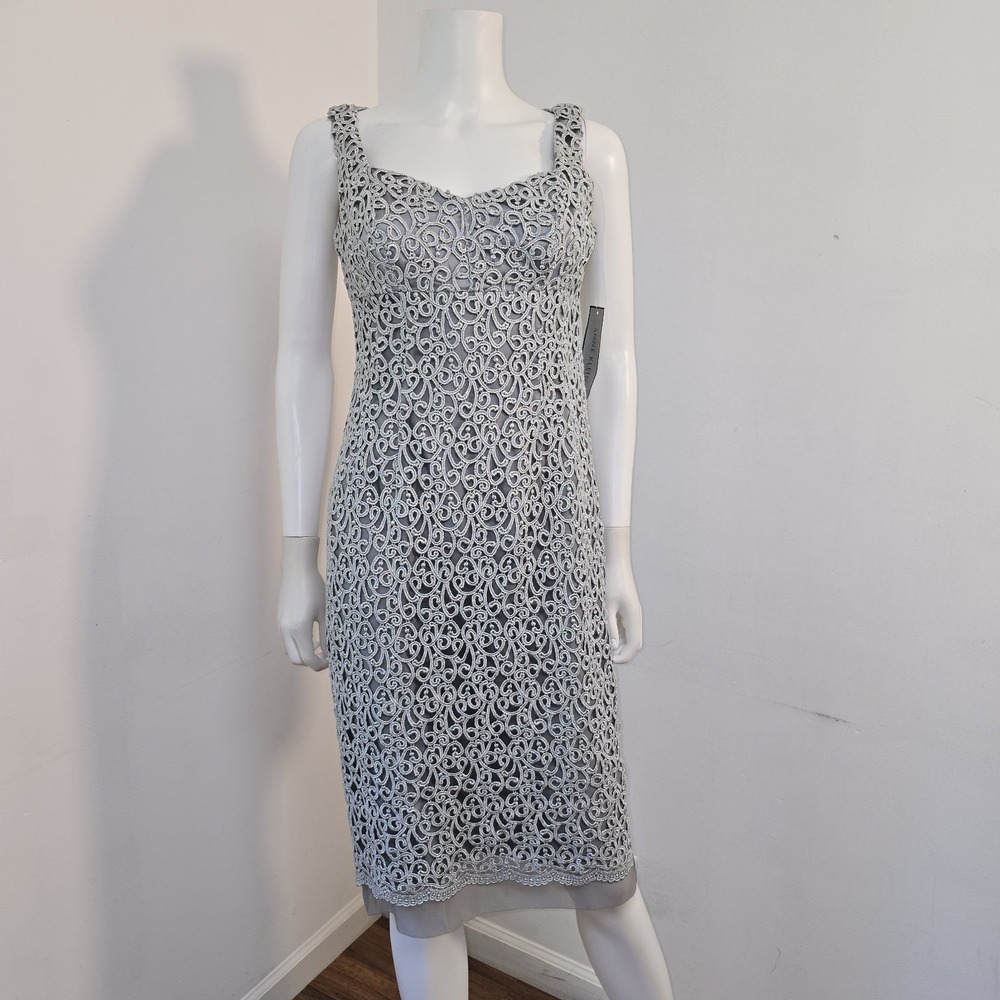 Anne Klein Silver Metallic Textured Lace Sheath Dress Size 2 Cocktail Midi NWT